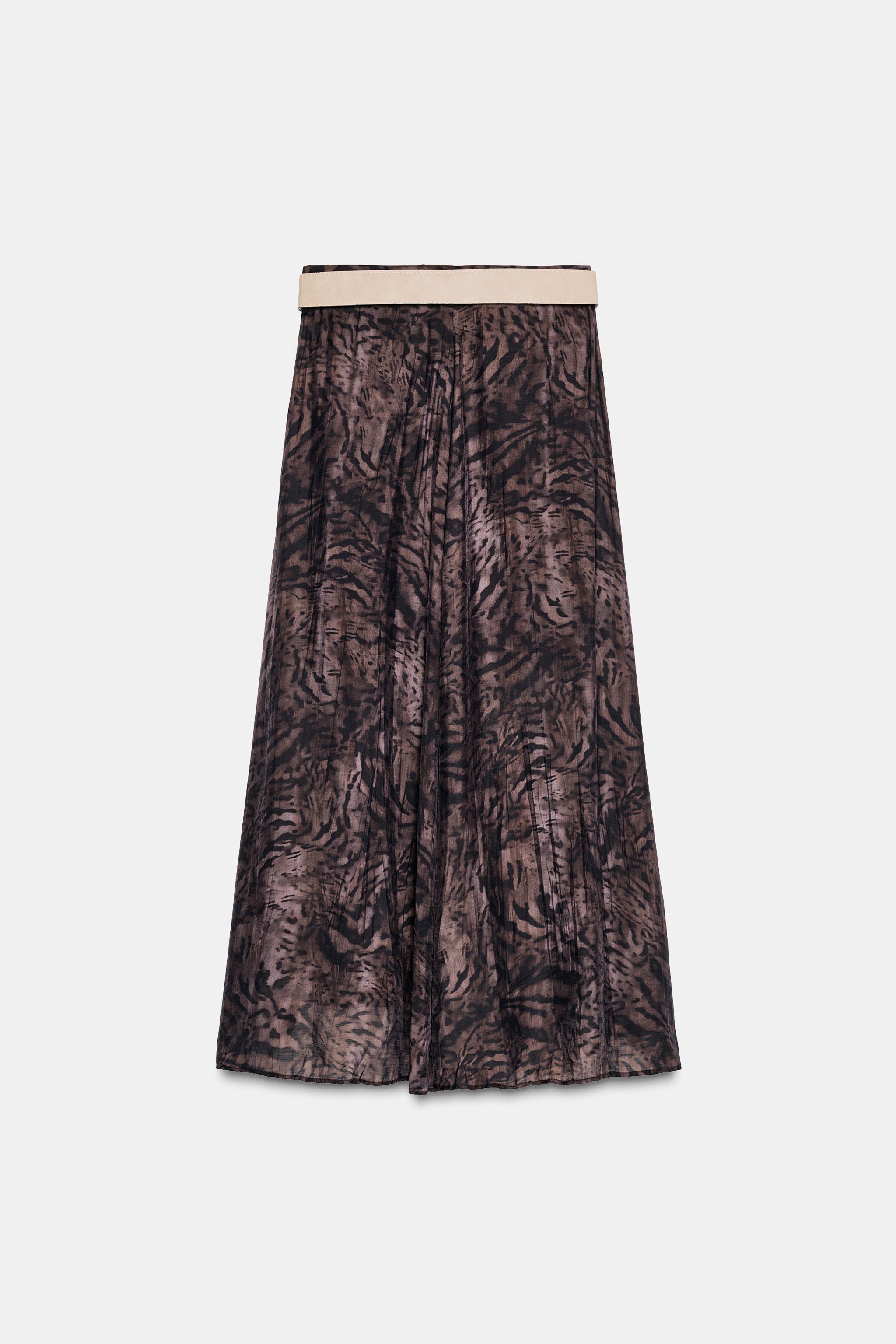 PRINTED BELTED MIDI SKIRT